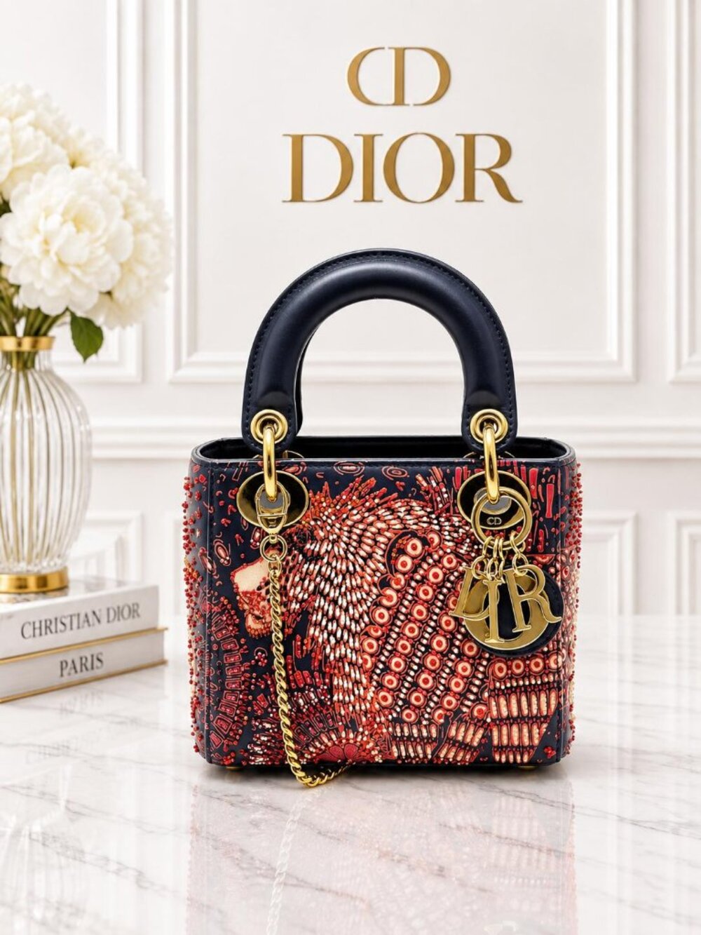 Authentic Dior Lady Dior Artist Embroidered Beaded Bag Navy Red Gold Charms Rare